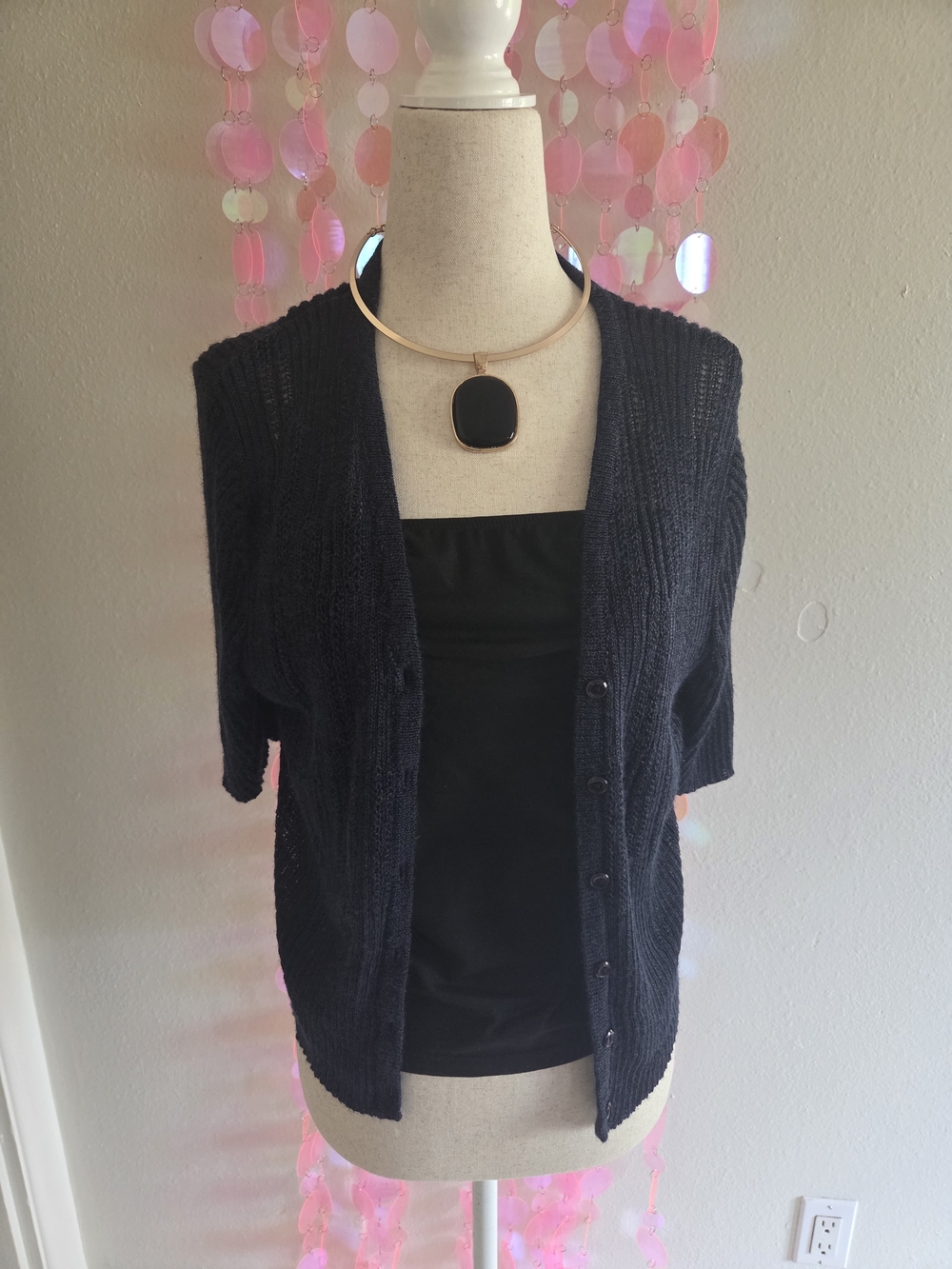 Norton McNaughton Black Short-Sleeve Button-Up Cardigan